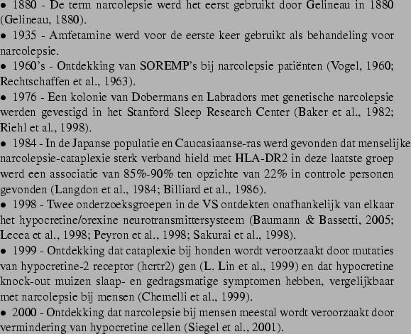 \begin{APAitemize}
\item 1880 - De term narcolepsie werd het eerst gebruikt door...
...kt
door vermindering van hypocretine cellen \citep{Siegel2001}.
\end{APAitemize}